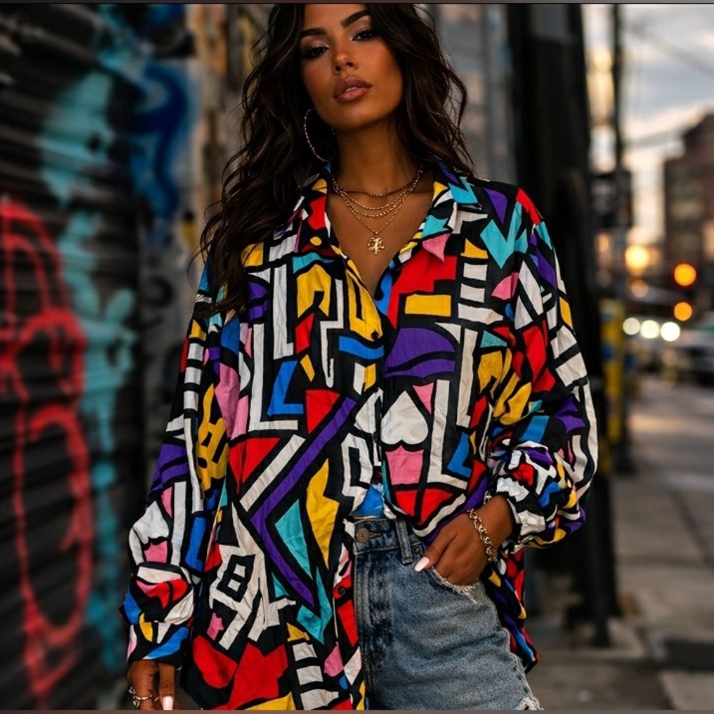 80s Bold Abstract Long Sleeve Shirt